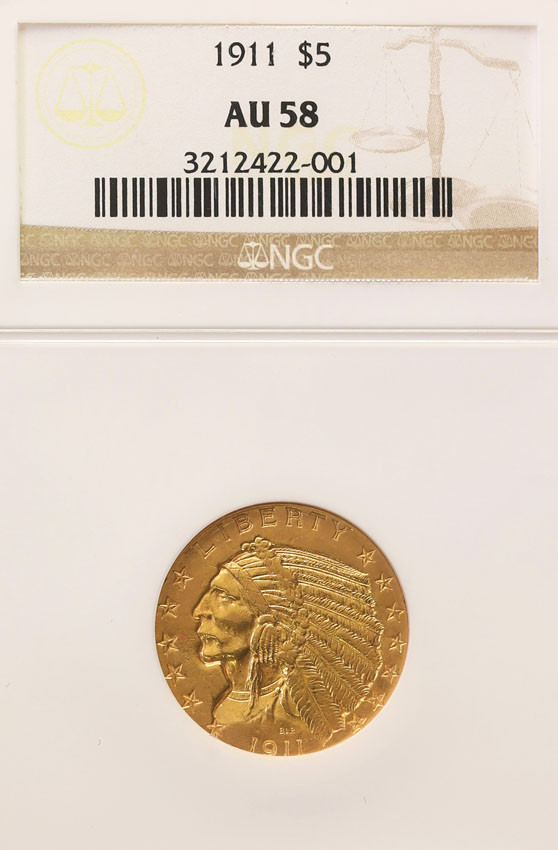 USA 5 dolarów Indianin 1911 NGC AU58